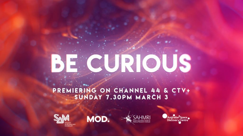 A swirl of red and purple colours with text 'Be Curious' premiering on Channel 44 & CTV+ Sunday 7pm March 3 