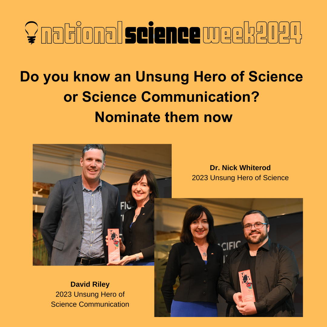 National Science Week 2024 Do you know an Unsung Hero of Science or Science Communication? Nominate them now. Two photos of white men holding trpohies standing next to the same woman who is the Minister for Science